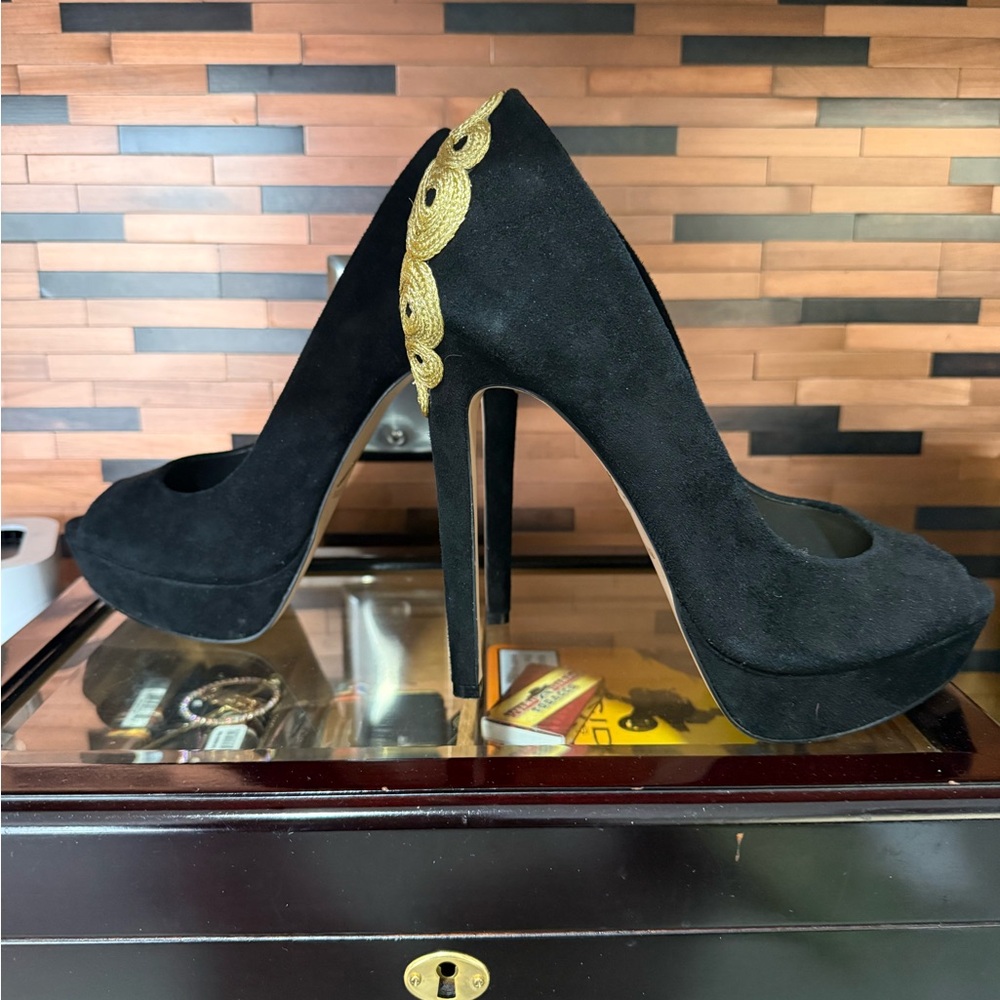 Brian Atwood Black Heels with Gold Detail